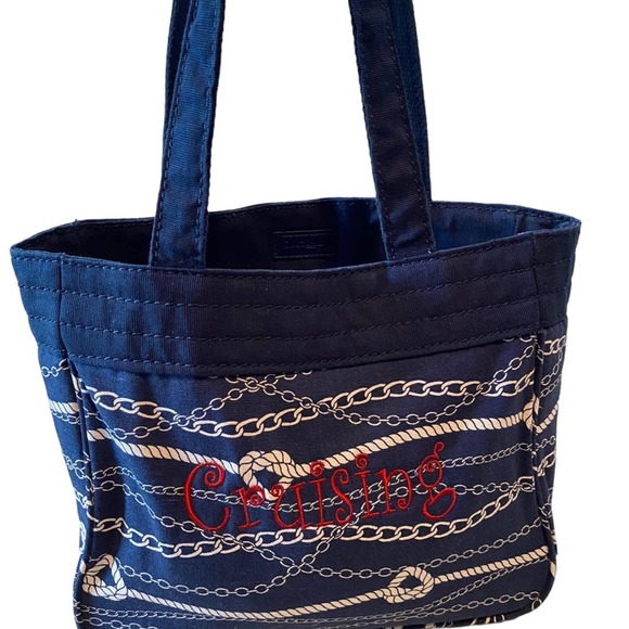Thirty-One Cruisin Bag Blue White Nautical Vacation Canvas Travel Tote Clean NEW - Picture 2 of 12
